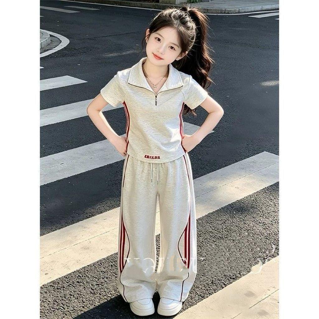 New Summer Girls 2Pcs Outfits Thin Short Sleeve Tops Sports Pants Set Fashion Trendy Casual Kids Two Piece Clothing Suit