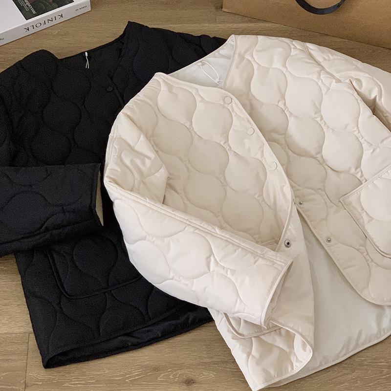 Bomullsjacka för dam i koreansk stil med diamantmönster, kraglös - Kort, sömlös, lättviktig för höst & vinter
