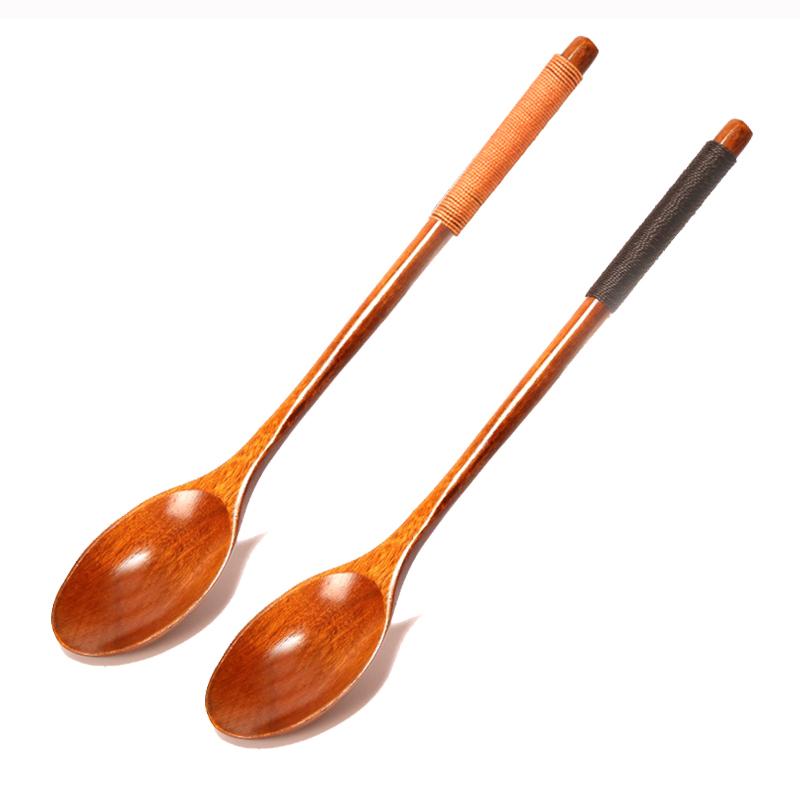 2Pcs Long Handle Wooden Spoons Korean Soup Spoon Dinner Tablespoon Rice Spoon Mixing Stirring Spoon for Tea Honey Wood Tableware