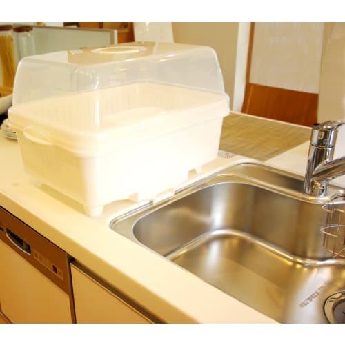 Sanko Plastics Made in Japan Dish Drainer with Dish Stand, Ryu F-1, with Food and Chopstick Holders, Pearl White