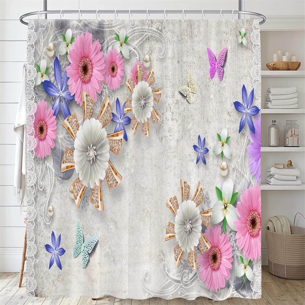 3D European Beautiful Flower Printing Bathroom Curtain Waterproof Polyester Shower Curtain Home Decoration Curtain with Hooks