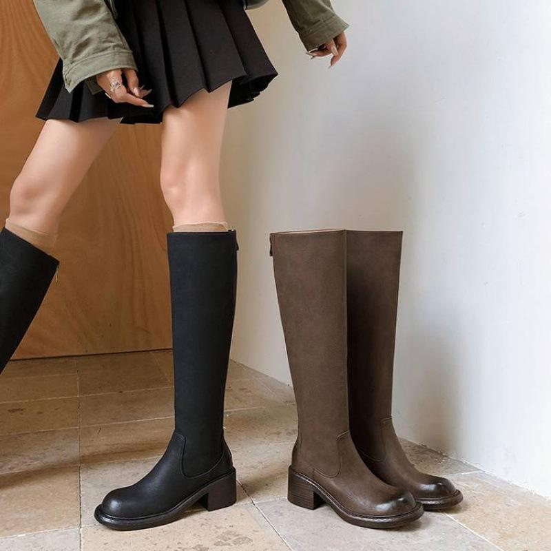 Herbst- und Winter Damen Lederstiefel einfarbig runde Spitze Martin Stiefel mittlerer Absatz große Größe Damenstiefel Gummiplateau Reißverschluss hinten hoher Schaft