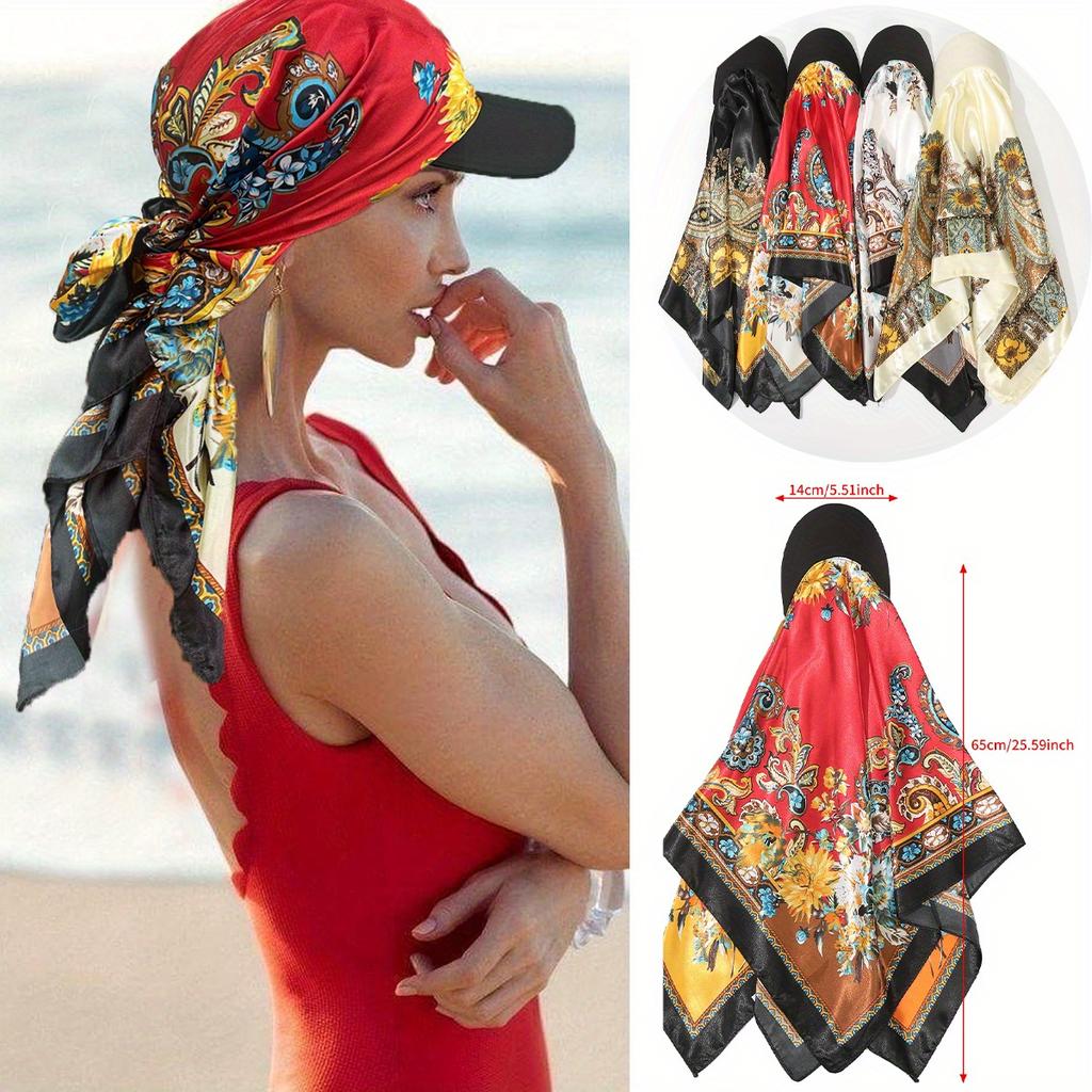 European and American colored large square scarf hat, satin simulated silk scarf, holiday headscarf with brim, one-piece headscarf hat hair accessory