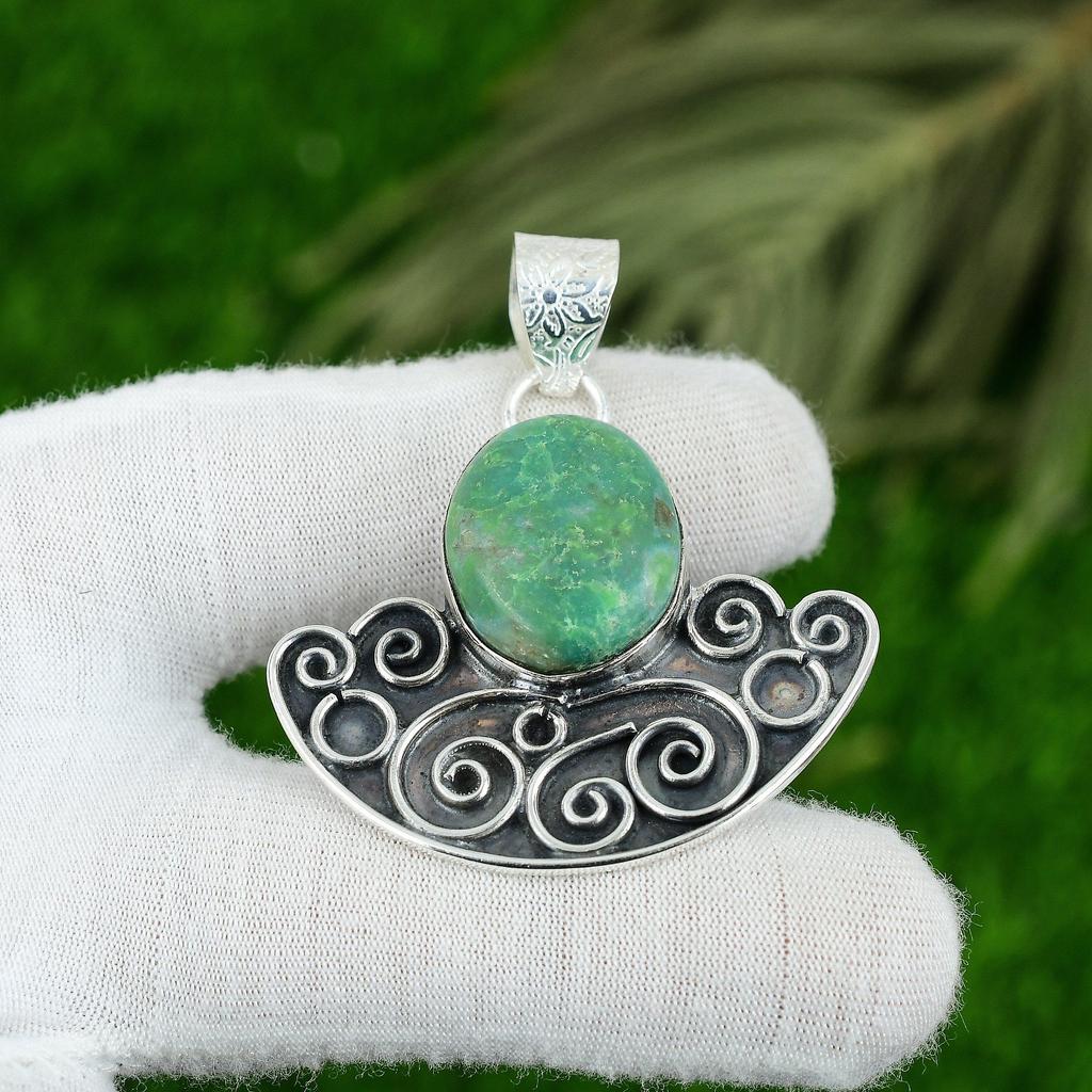 925 Sterling Silver Oval Natural Chrysoprase Wedding Anniversary Pendant Jewelry