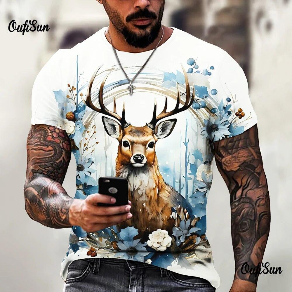 Vintage Elk 3d Printing Summer Short-Sleeved T -Shirt Men Casual Round Neck Pullover Oversized Men's T-Shirt Clothing