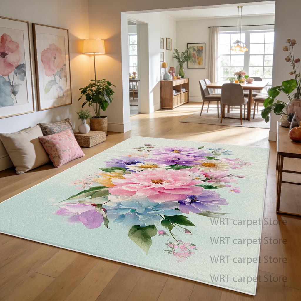 Cream Pink Color Floral Decoration Home Carpet Living Room Dining Room Area Non-slip Rug Patio Foldable Short Velvet Floor Mat