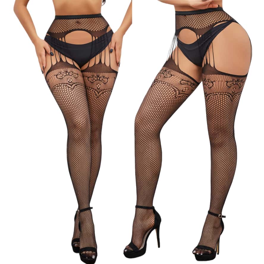 Freeauce Woman Plus Size Fishnets Open Crotchless Pantyhose Knee Thigh High Lace Sexy Stockings With Garter Belt Tights 5Xxxxxl