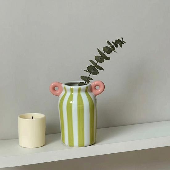Ceramic Striped Flower Vase with Dual Handles Hand Painted Small Decorative Vase
