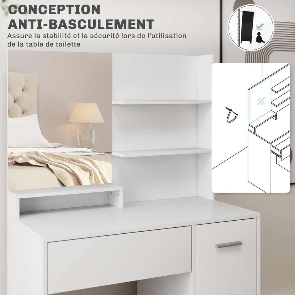 Dressing table set with mirror and stool, drawer, cabinet with adjustable shelf for the bedroom 80L x 40D x 132H cm, white