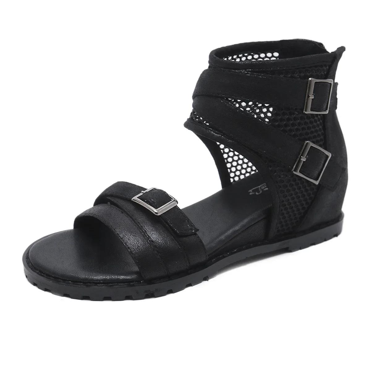 Высокие римские туфли на танкетке для женщин сетчатый ремень пряжка открытый носок сандалии с внутренней частью пятки Sandalias De Mujer 35 чёрный 3298₽