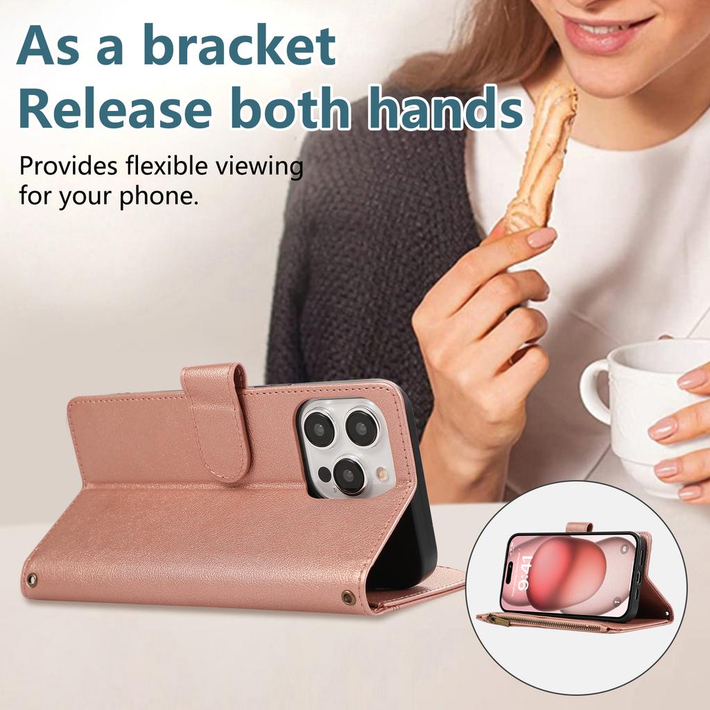 Für iPhone 15 Pro Max Hülle Mehrere Kartenfächer Reißverschluss Leder Handyhülle mit Handschlaufe