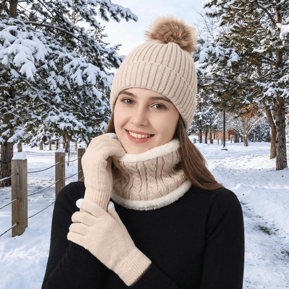 Beanie Hat Pompom Beanies Hat Thickened Winter Knitted Gloves Set Hat Scarf Gloves Set  Winter
