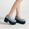 Zapatos de tacón alto con plataforma gruesa y punta redonda de estilo callejero de diseñador de mezclilla azul para mujer, zapatos Mary Jane con correa de hebilla a la moda