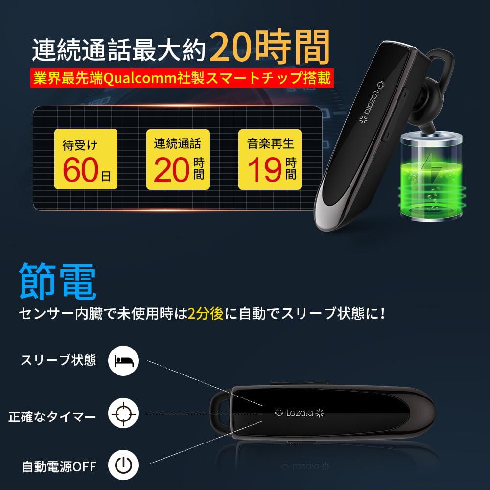 Cuffia Audio Giapponese Glazata, Auricolare Singolo Bluetooth 5.1 con Chip Smart Qualcomm 3020, 20 Ore di Autonomia in Conversazione, Microfono Integrato per