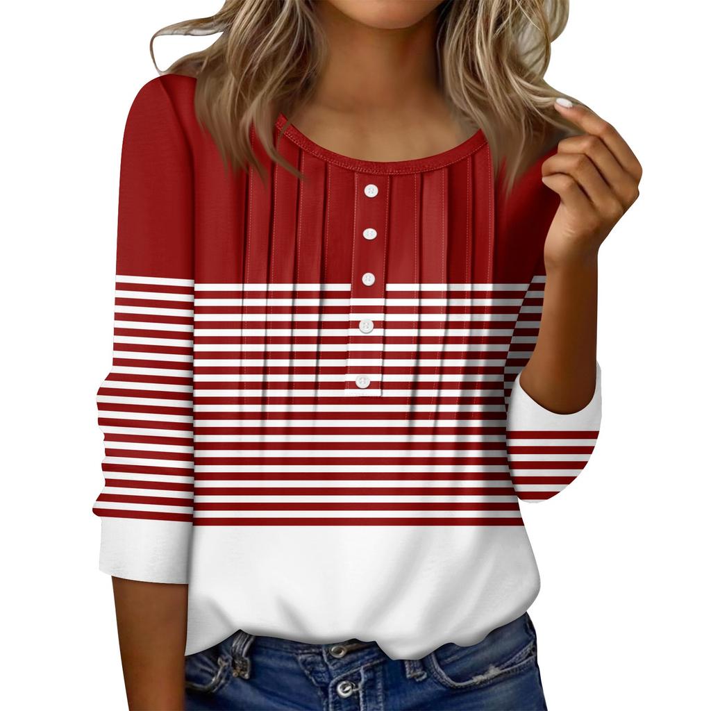 Women's Round Neck Pull Stripe Decorative Button Top Casual Solid Color 3/4 Sleeve T Shirt