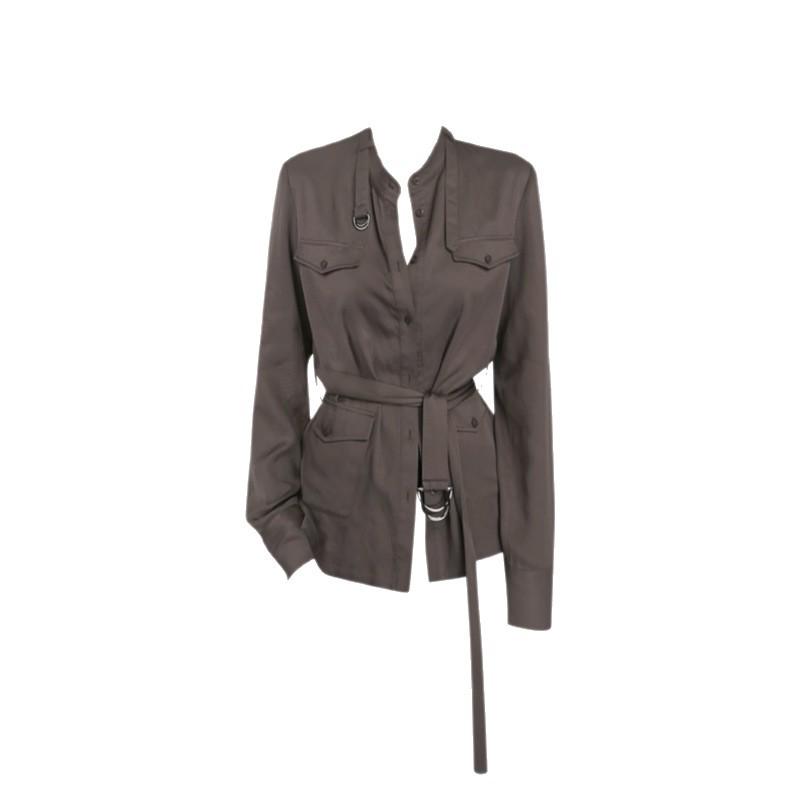 Korean Retro Lace-Up Waist-Cinch Long-Sleeve Women s Autumn Top Small