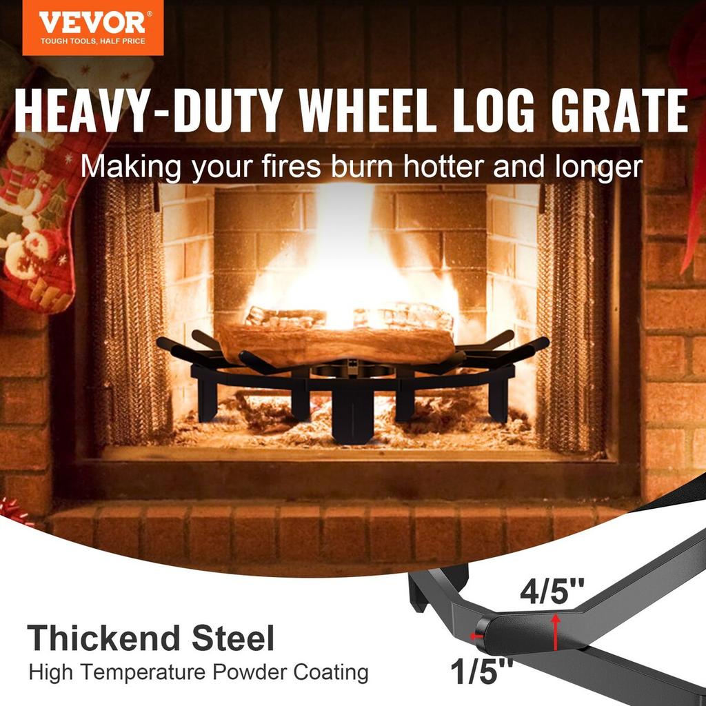 Log Grate, 27 Inch Heavy Duty Wheel Fire Grate with 6 Support Legs, Solid Powder-coated Steel Bars, Log Firewood Burning Rack Holder for Wood Stove