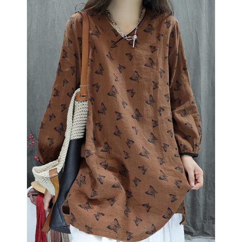 

2026 Spring Retro Cotton Linen V-Neck Printed Shirt: Stylish, Versatile, Slimming Long Sleeve Top XXL кавовий