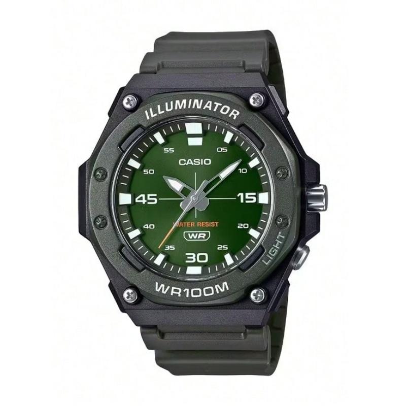 

Мужские кварцевые часы Casio с зеленым корпусом, черным ремешком, водонепроницаемостью 100 метров и светодиодной подсветкой.. спорт, различные случаи. MW-620H зелёный