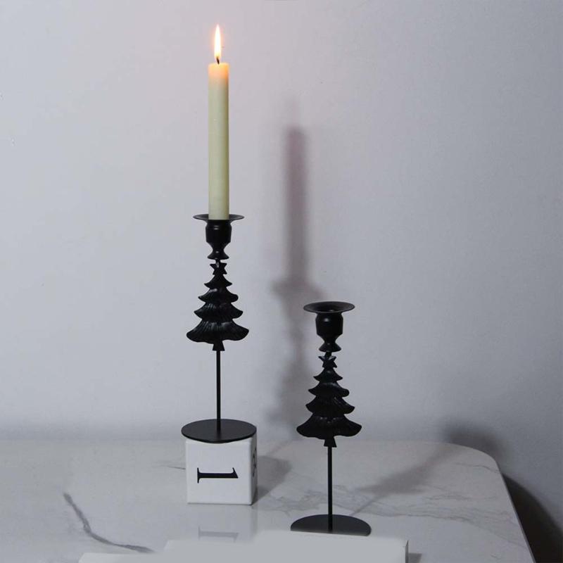 Black Pillar Candle Holder High Footed Metal Christmas Tree Shape Candlestick for Holiday Table Centerpieces Decoration