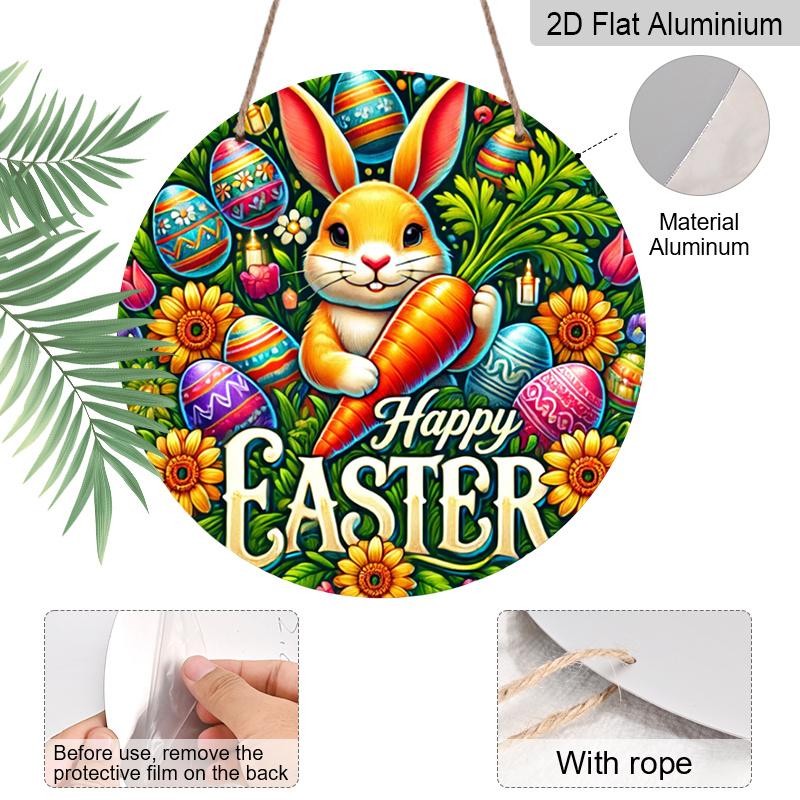 2D Flat 1pc Vintage Easter Bunny Metal Sign, Round Aluminium Door Mount Decor, 8x8 in, Farmhouse Style Wall Art for Home, Room, Street, Shop, Garage
