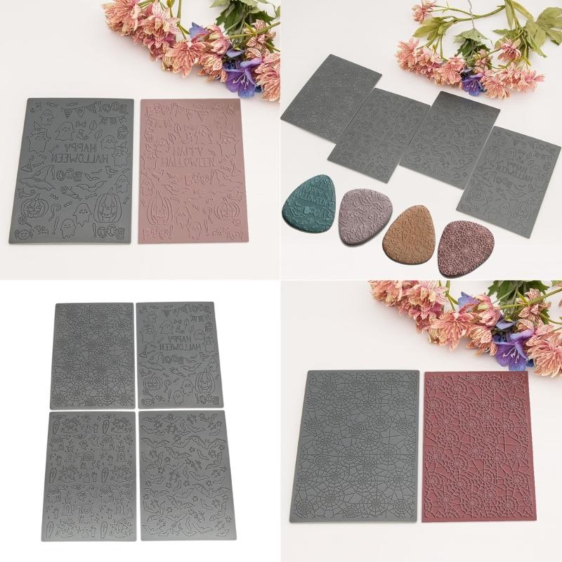 4x/Set Halloween Embossings Mats Fondant Impressions Mats Baking Molds Cake Decorating Tool for Fondant Cake Decorations