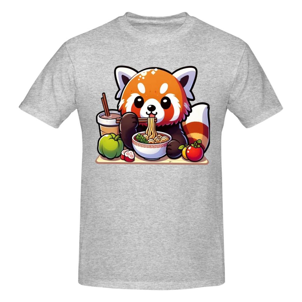 Unisex Kawaii Red Panda Eating RaUnisex Noodles Trendy T Shirt Streetwear Oneck Cotton T Shirts