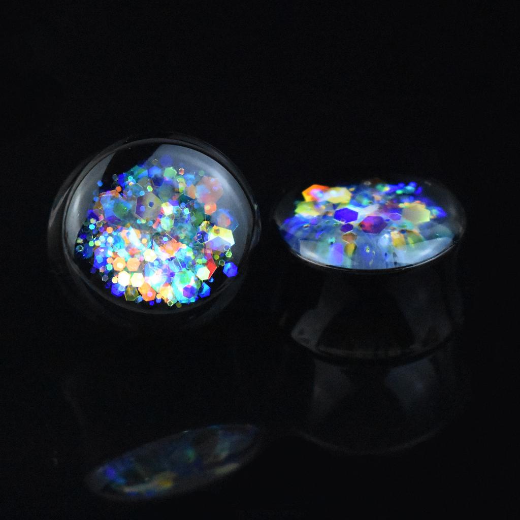 Ein Paar 6-50mm Hypoallergen Acryl Holografischer Glitzer Klarer Kuppel Ohr-Tunnel Regenbogenfarbene Flocken Ohr-Stecker Körperpiercing Schmuck
