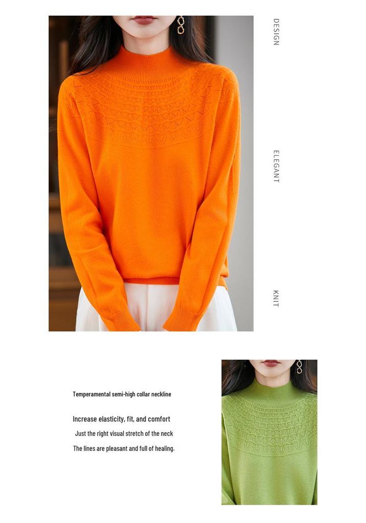 Women's Seamless Half-Openwork Knit Sweater - 2025 Autumn/Winter Collection, One-Piece Base Layer with Half-High Collar