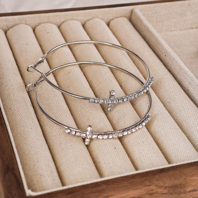 Gold-tone Diamond-Inlaid Hoop Earrings - Bold European and American Style for Women