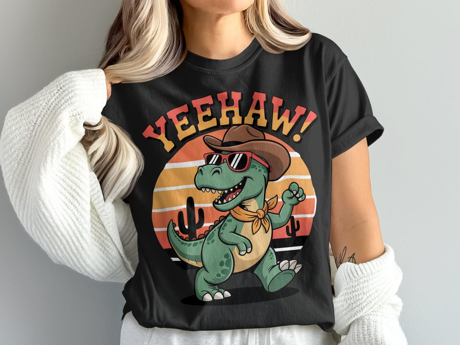 Yeehaw Dinosaur T-Shirt, Cowboy Dino Tee, Funny Rodeo Shirt, Western Animal Shirt, Cartoon Dinosaur Shirt, Retro Sunset Shirt XL