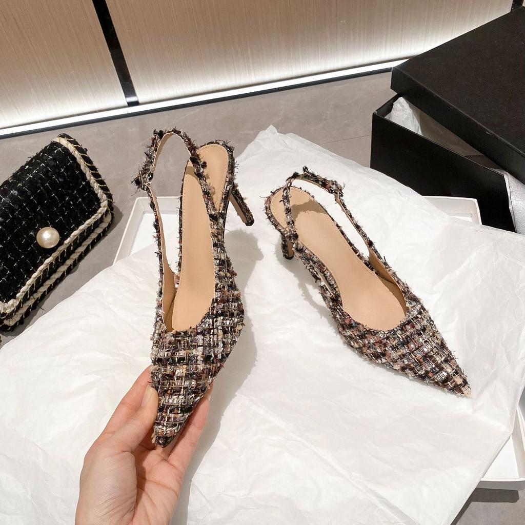 YX2025 New Pointed-toed Stiletto Women's Shoes Temperament French Shallow Tweed Small Fragrant Wind Bag Head Rear Empty Sandals