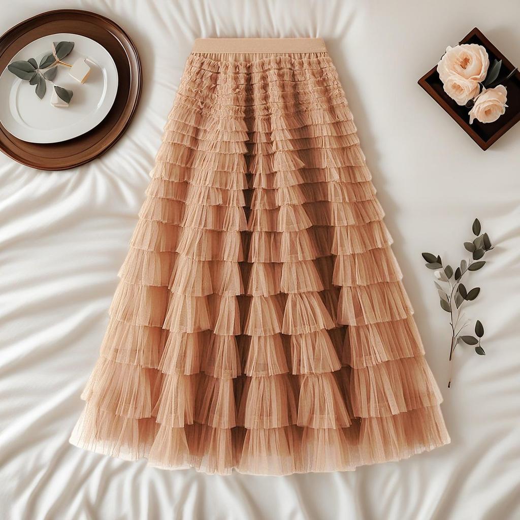 Elegant French Style Layered Cake Skirt - High Waist, Fluffy Winter Fashion for Women