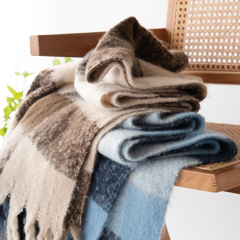 New Fluffy Big Pulled Hair Imitation Cashmere Plaid Printing Fringed Scarf High-end Women's Scarf Shawl