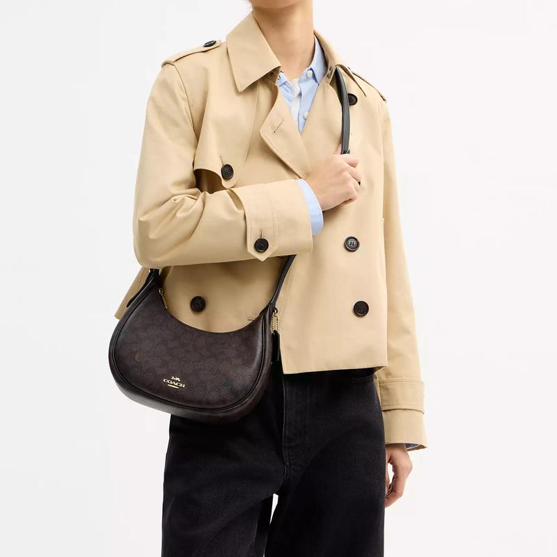 COACH 23 EMILY printed presbyopia coated canvas and smooth leather crescent bag shoulder bag medium size women's dark brown