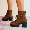 Sexy Lace Patchwork Thick Bottom High Heel Ankle Boots Chunky Platform Thick Heel Suede Short Boots Retro Wine Red Women's Shoes
