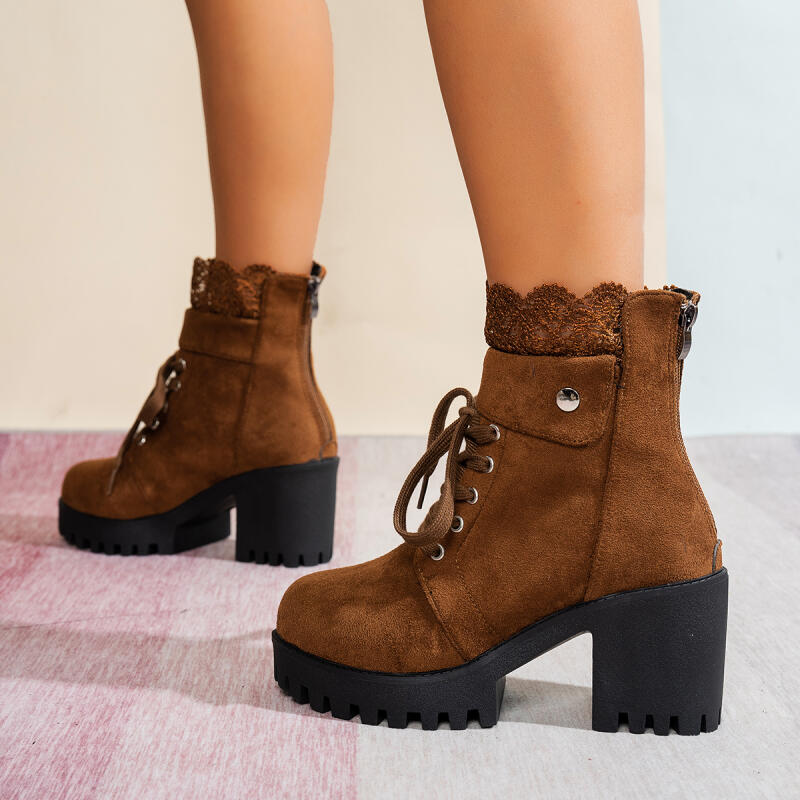 Sexy Lace Patchwork Thick Bottom High Heel Ankle Boots Chunky Platform Thick Heel Suede Short Boots Retro Wine Red Women's Shoes
