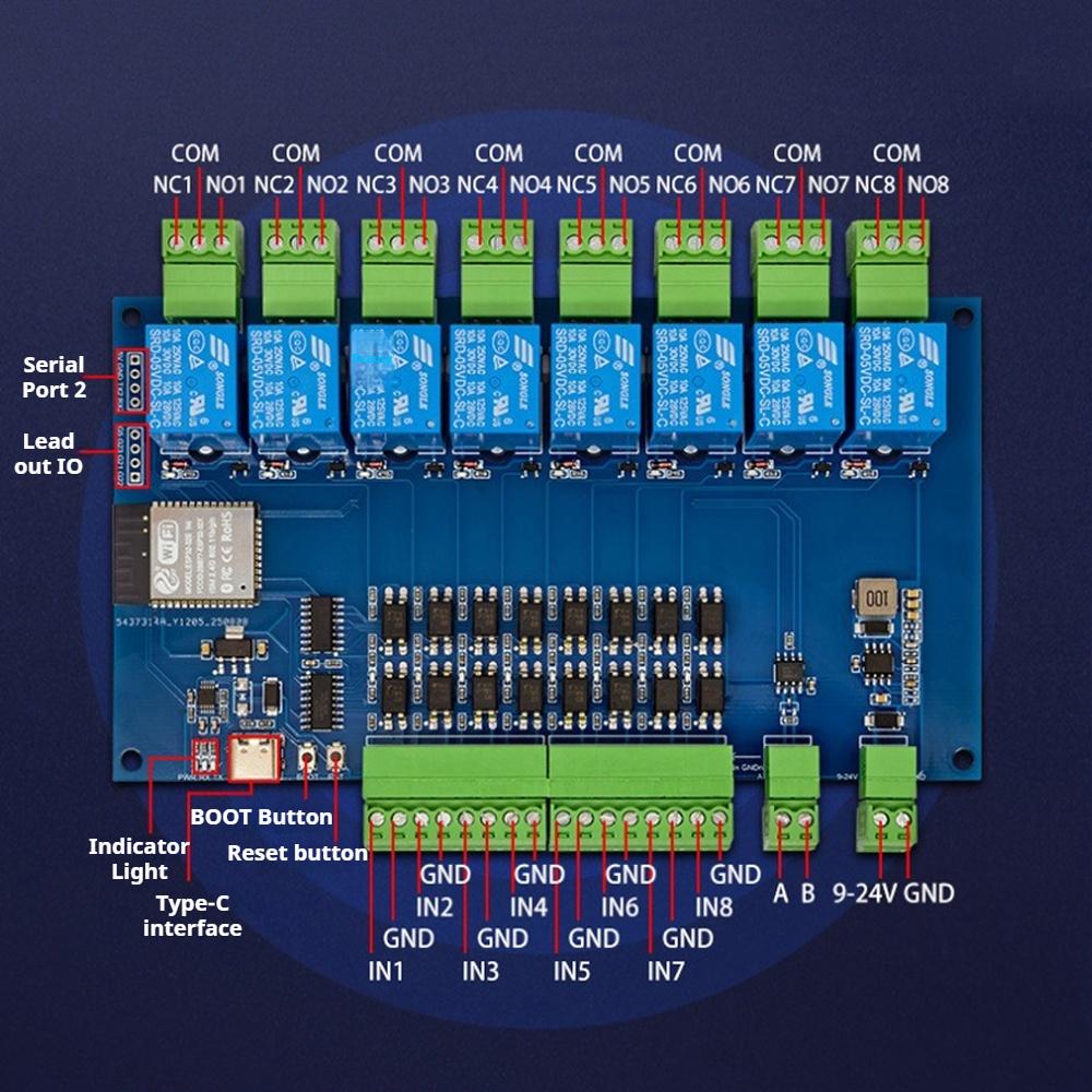 ESP32 Modbus 8-Channel Relay Module RS485 8 Way Input 8 Way Output Optocoupler Isolation 9-24V Power Supply With WiFi/Bl-uetooth