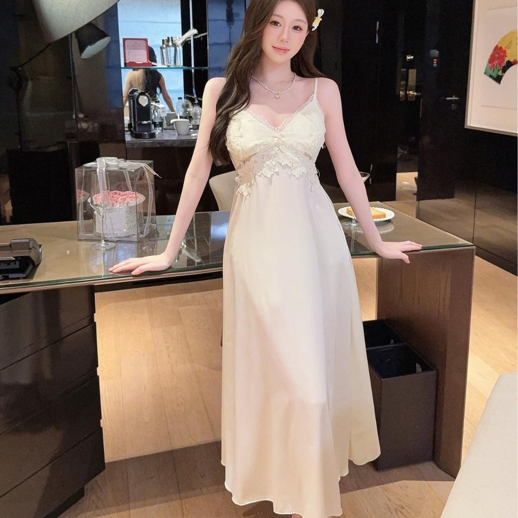 Sexy pajamas women's ice silk new summer lace pure desire long knee suspender nightdress silk loungewear