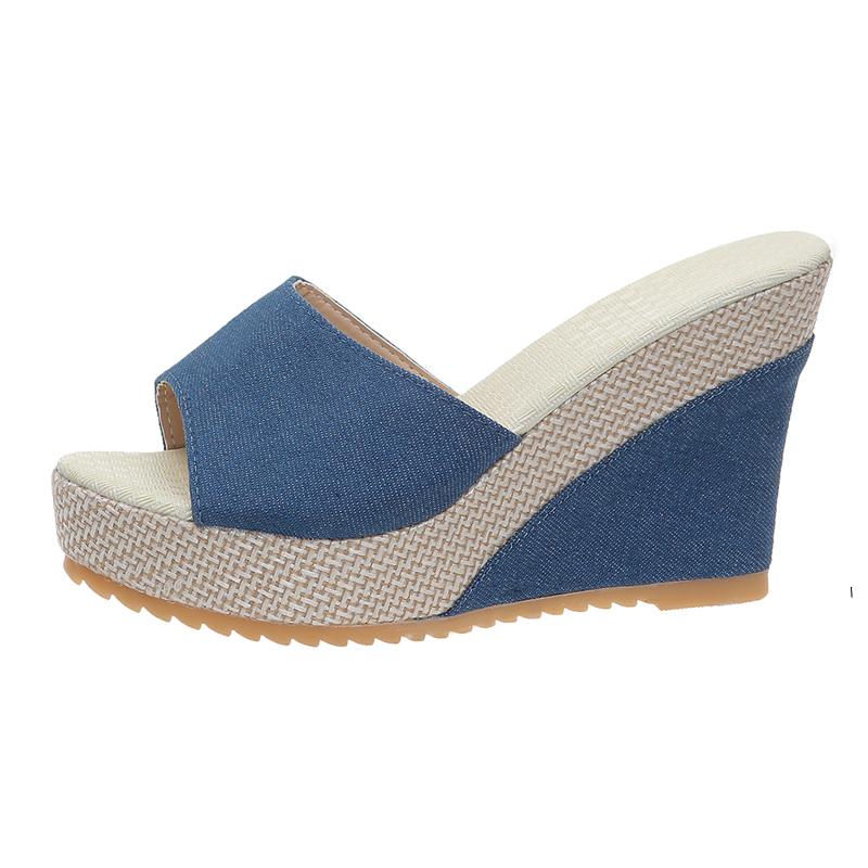 Fashion Blue Denim Wedge Sandals for Women Summer 2025 Fashion Peep Toe Thick Sole Slippers Woman Slip On Chunky Platform Sandals Mujer