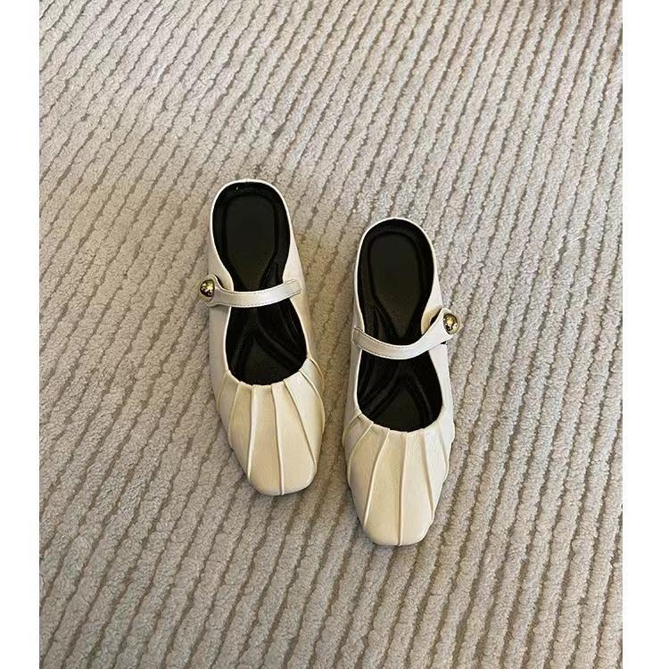 Französische Taschenkopf Halbschuhe Damen Ein-Knopf Dicke Ferse Sandalen Damen Oberbekleidung Eckiger Kopf Mary Jane Sandalen Mittelhoher Absatz Mules