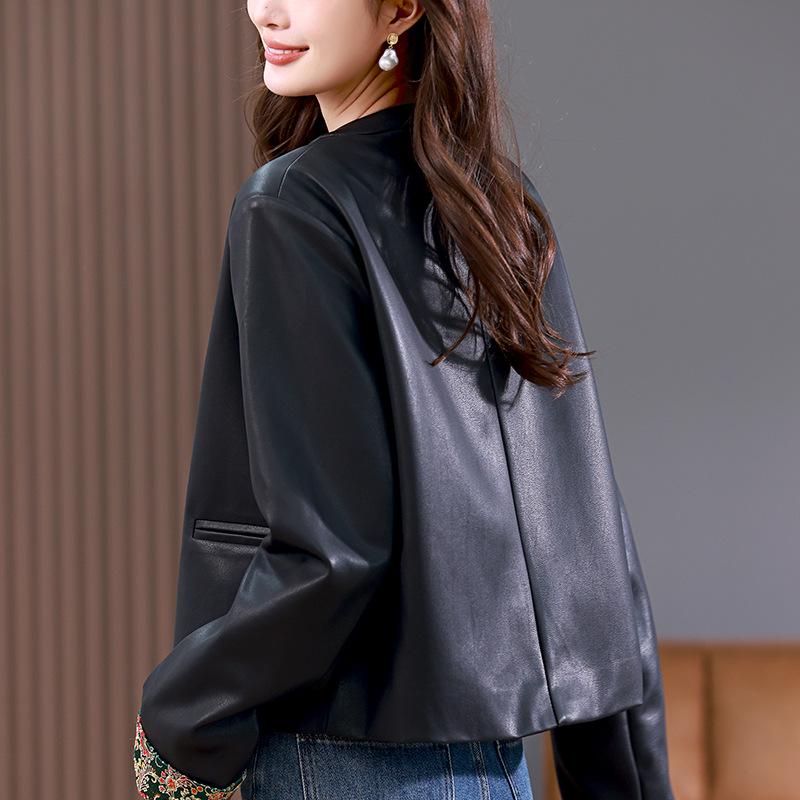 2024 Women's Spring & Autumn Chinese Style Leather Jacket with Frog Buttons