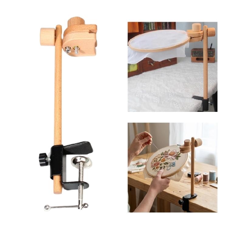 Embroidery Stand for Needlework, Desk Side Clamp Support with Rotating Head, Wood Finish, 0-1.77in Clamp Opening, Thread Frame Use