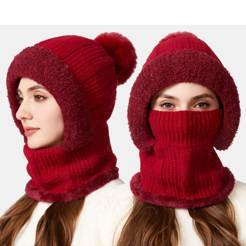 One-Piece Knitted Hat Women's Autumn Winter Thick Hat Scarf Mask One-Piece Wool Hat Cycling Windproof Warm Hat