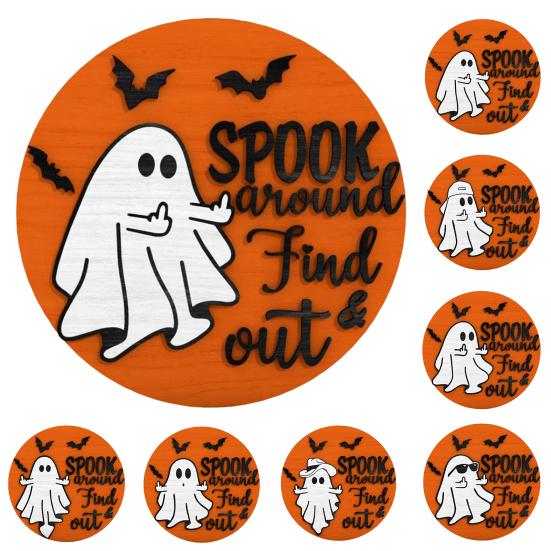 Halloween Ghost Door Sign Spook Around Find Out Welcome Sign Front Porch Hanging Wooden
