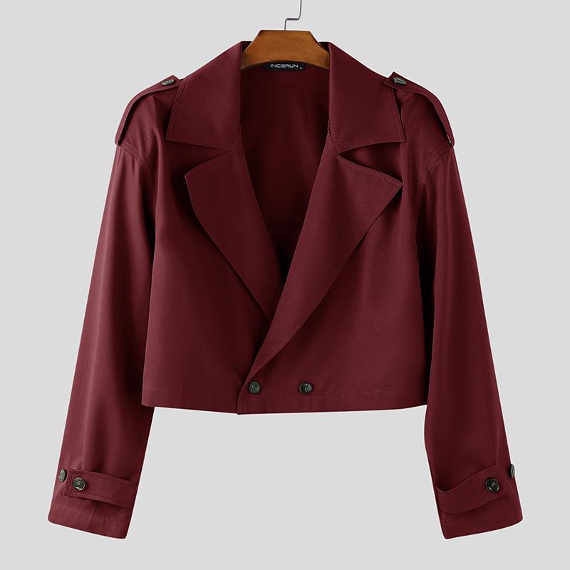 INCERUN Ovesized Men Lapel Neck Long Sleeve Buttons Up Short Windbreaker Coats
