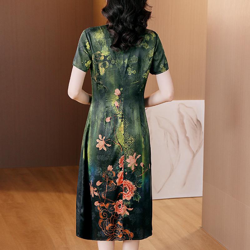 Elegantes Retro-Grünes A-Linien-Kleid - Sommermode 2024, Kurzärmelig, Lang und Schick für Damen