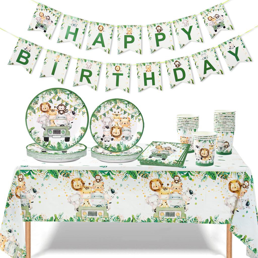 Jungle Safari Disposable Tableware Paper Plates Cups Animal 1st Wild One Birthday Party Decor Kids Baby Shower Supplies Woodland