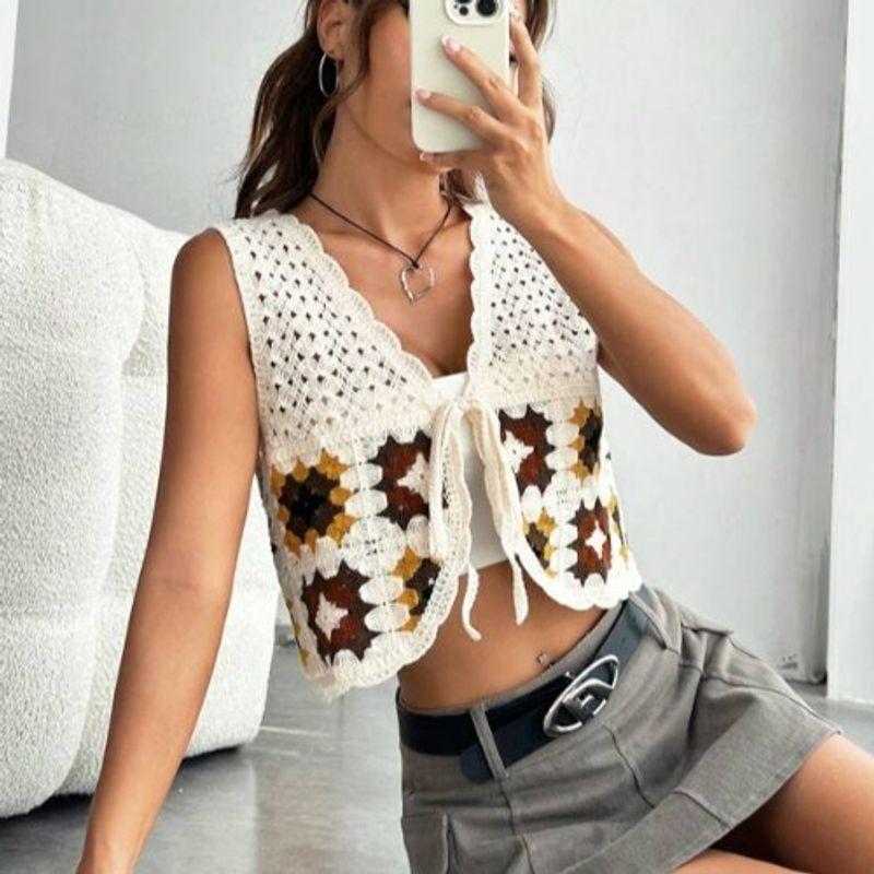 European and American Amazon Summer New V Neck Crocheted Cut Out Lace-up Short Crop Top Vest Top Vest Easiest for Match