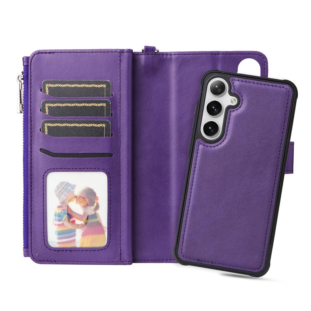 For Samsung Galaxy S25/S24 Magnetic Leather Case Mobile Cover with Detachable Zipper Wallet Strap